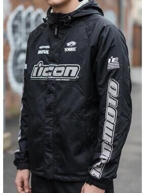 Y2K Icon Motorsport Moto Racing Jacket Men’s 3XL Black Big Spellout Hooded Biker